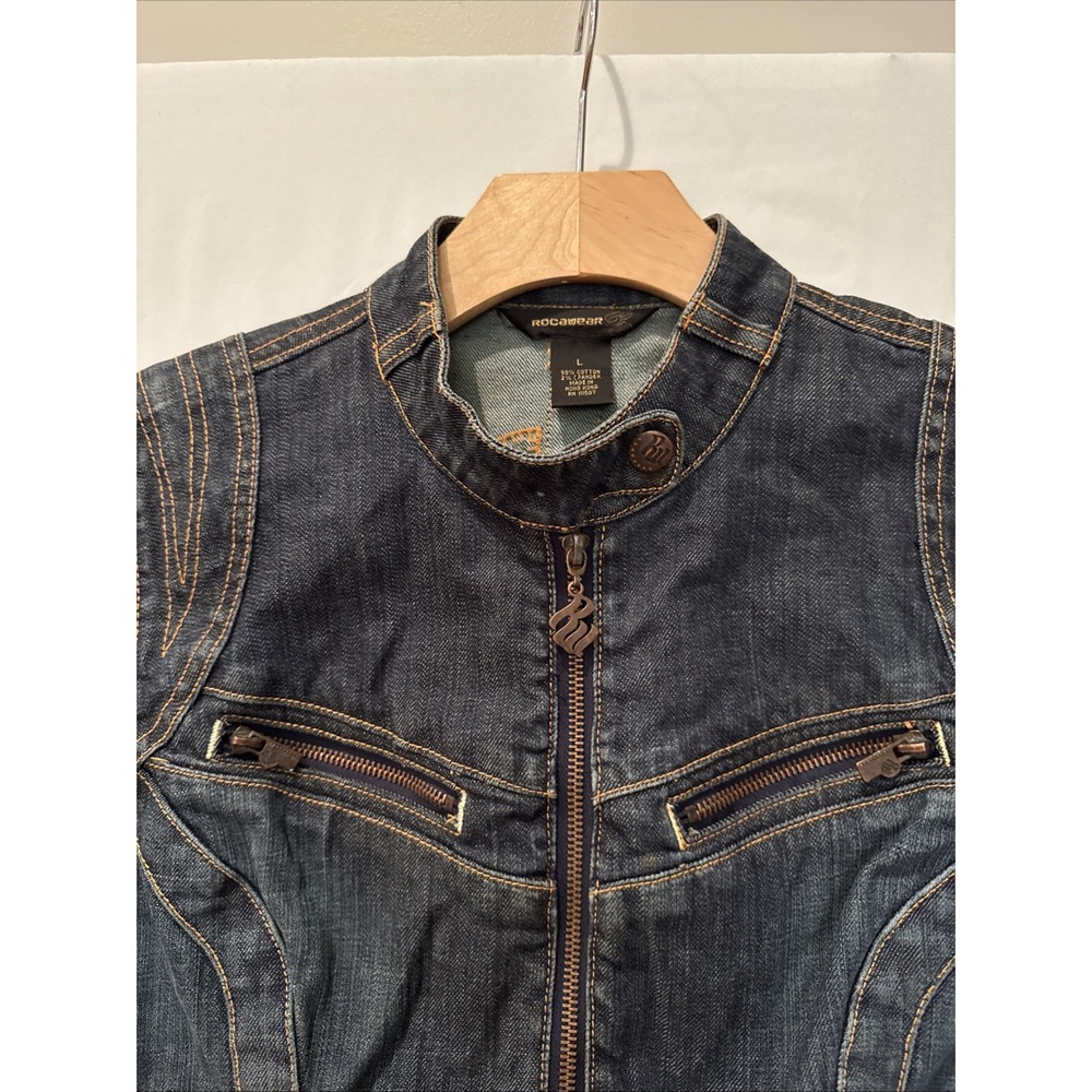 Y2K Roca Wear Women's LG Dark Blue Embroidered Denim Jacket Motorcycle NWOT